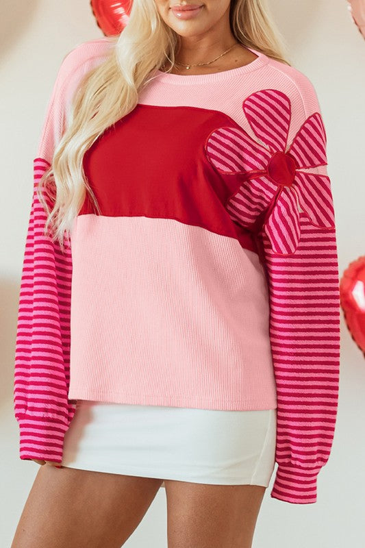 PATCH COLOR BLOCK STRIPED SLEEVE TEXTURED TOP