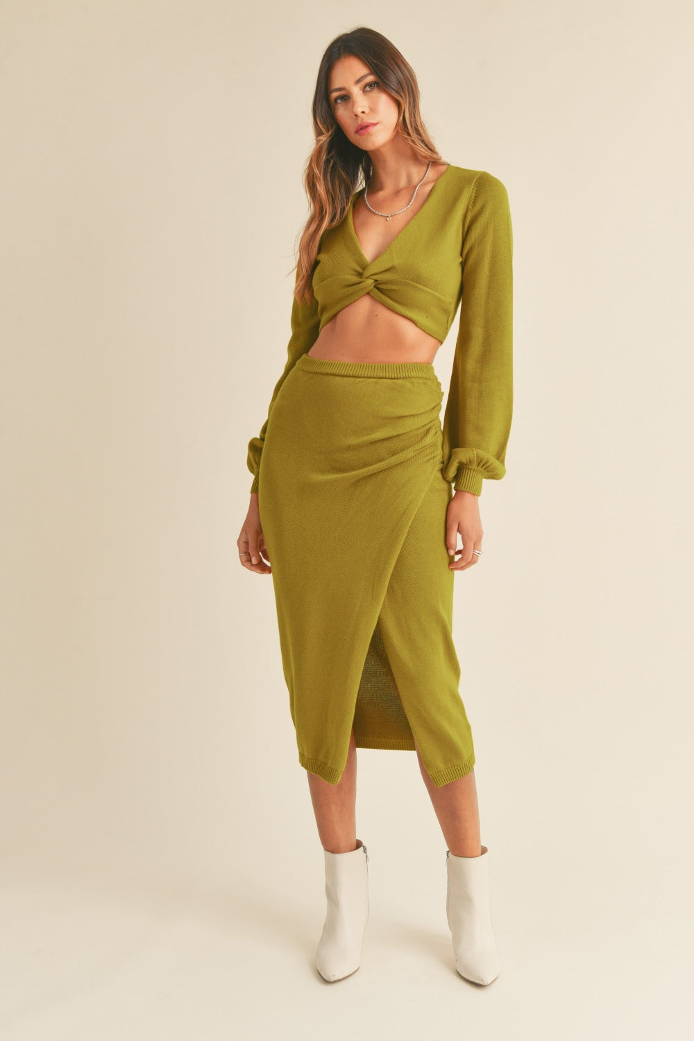 MABLE FRONT TWISTED KNIT TOP AND MIDI SKIRT SET