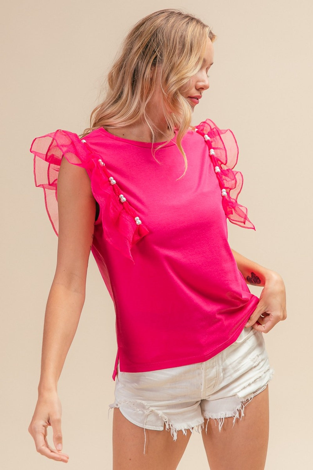 BiBi PEARL DETAIL MESH RUFFLE SLEEVE TOP