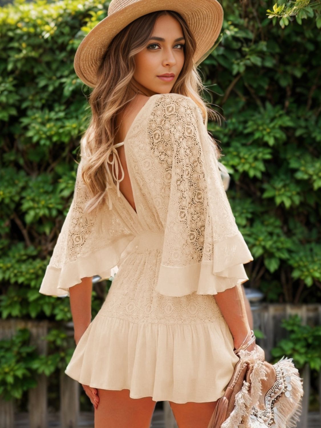 LACE CUTOUT 3/4 SLEEVE MINI DRESS