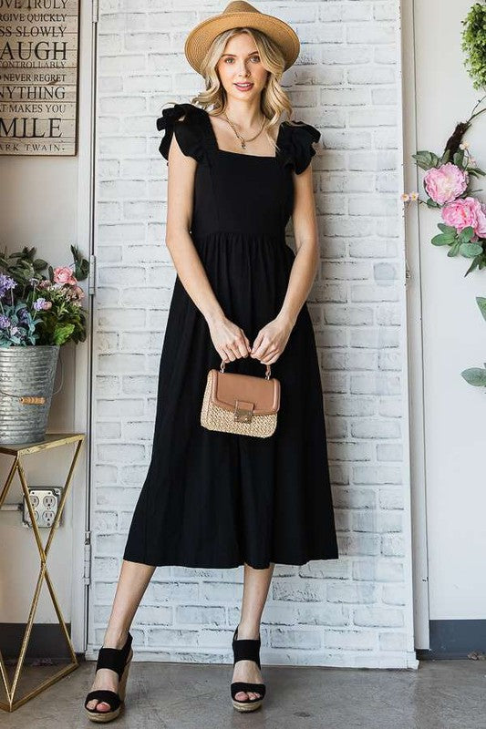 LINEN RUFFLE MIDI DRESS
