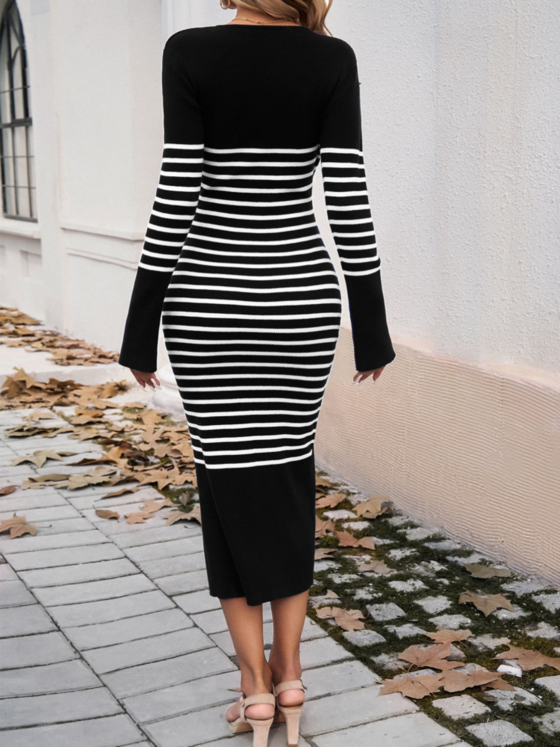 DEVINE STRIPED V-NECK LONG SLEEVE SWEATER DRESS