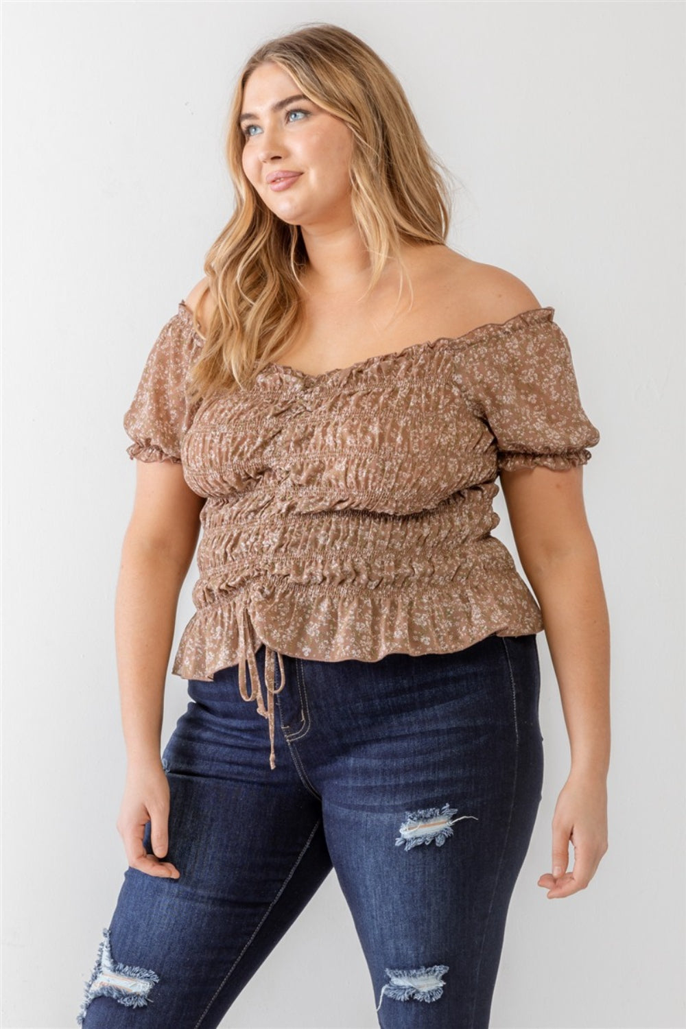 ZENOBIA PLUS SIZE FRILL RUCHED OFF THE SHOULDER SHORT SLEEVE BLOUSE
