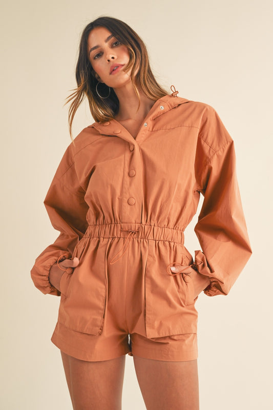 MABLE SNAP DOWN LONG SLEEVE HOODED ROMPER