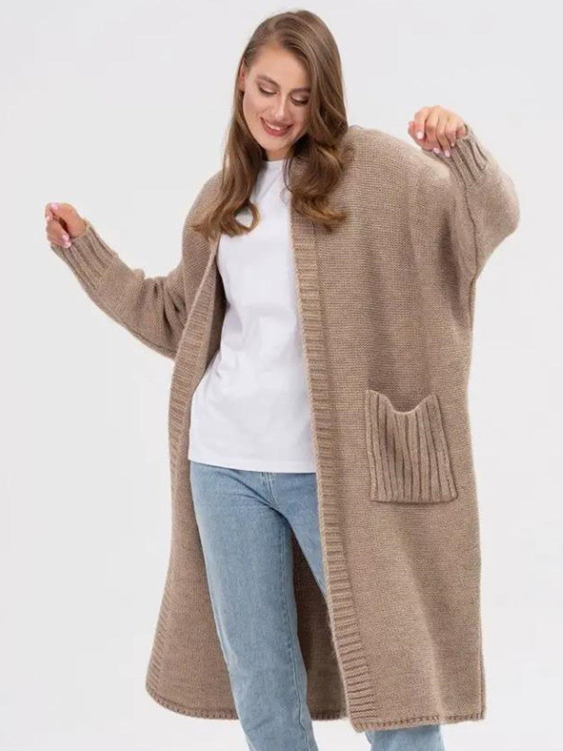 POCKETED OPEN FRONT LONG SLEEVE LONGLINE CARDIGAN