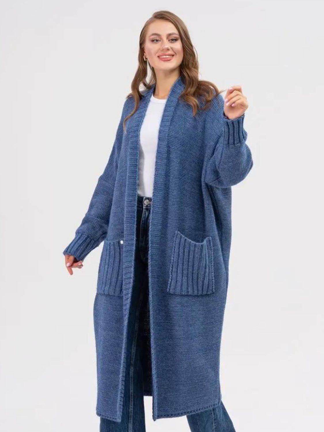 POCKETED OPEN FRONT LONG SLEEVE LONGLINE CARDIGAN