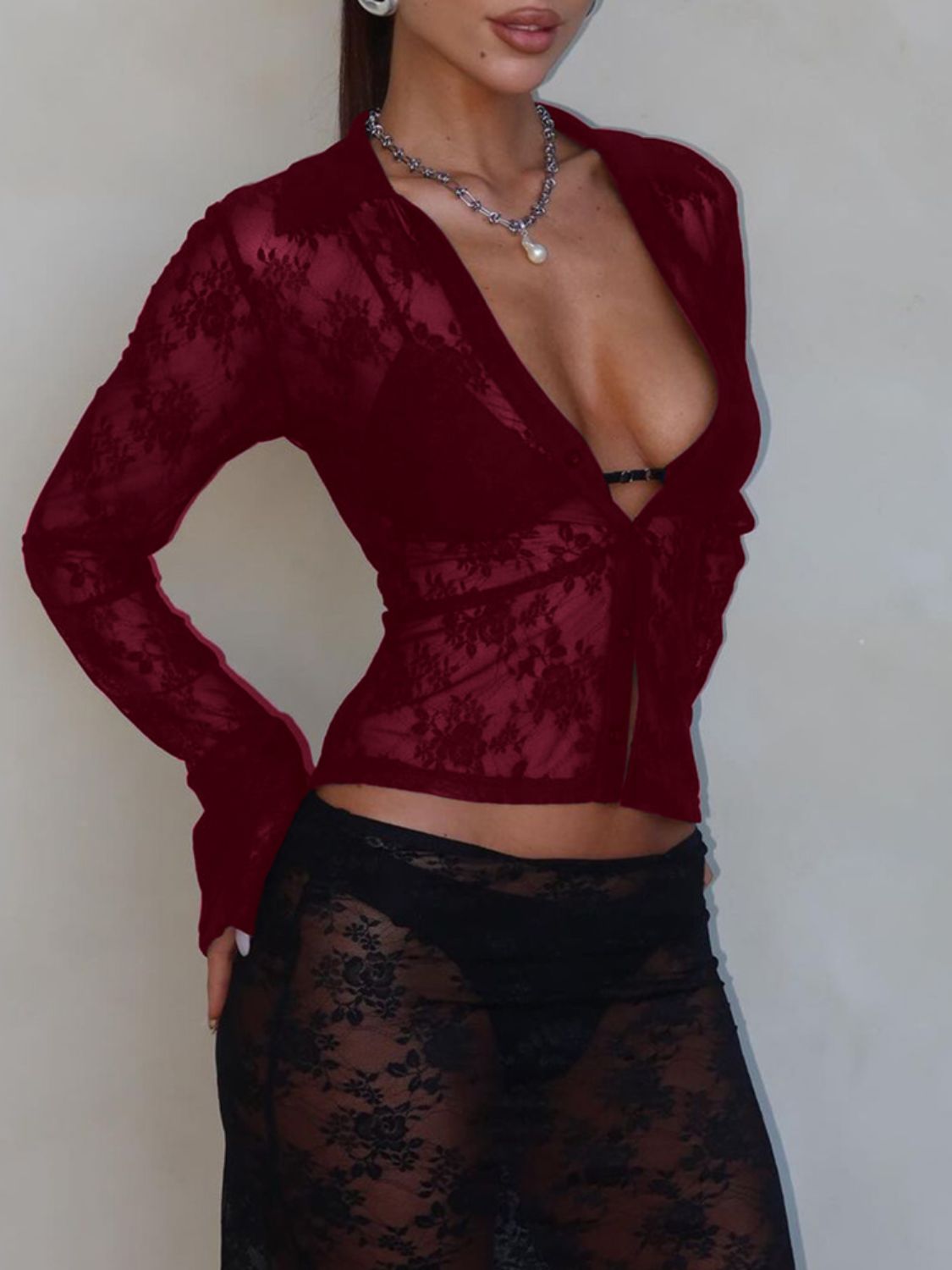 DEVINE PLUNGE LONG SLEEVE LACE TOP