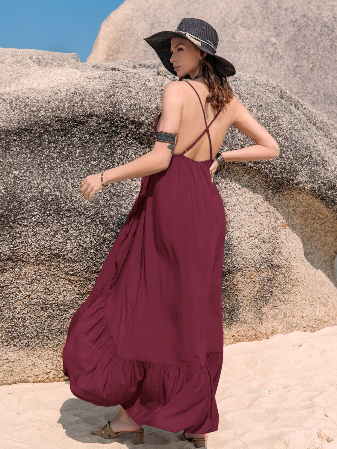 CRISS-CROSS BACK DRAWSTRING RUFFLE TRIM MAXI DRESS