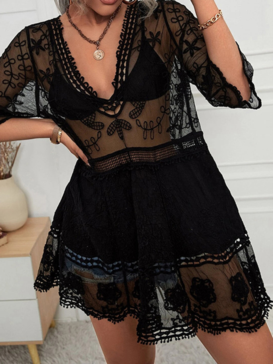 LACE DETAIL PLUNGE COVER-UP