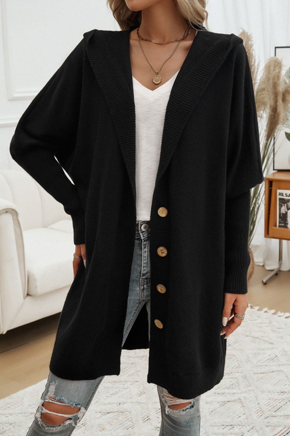 DEVINE BUTTON UP LONG SLEEVE HOODED CARDIGAN