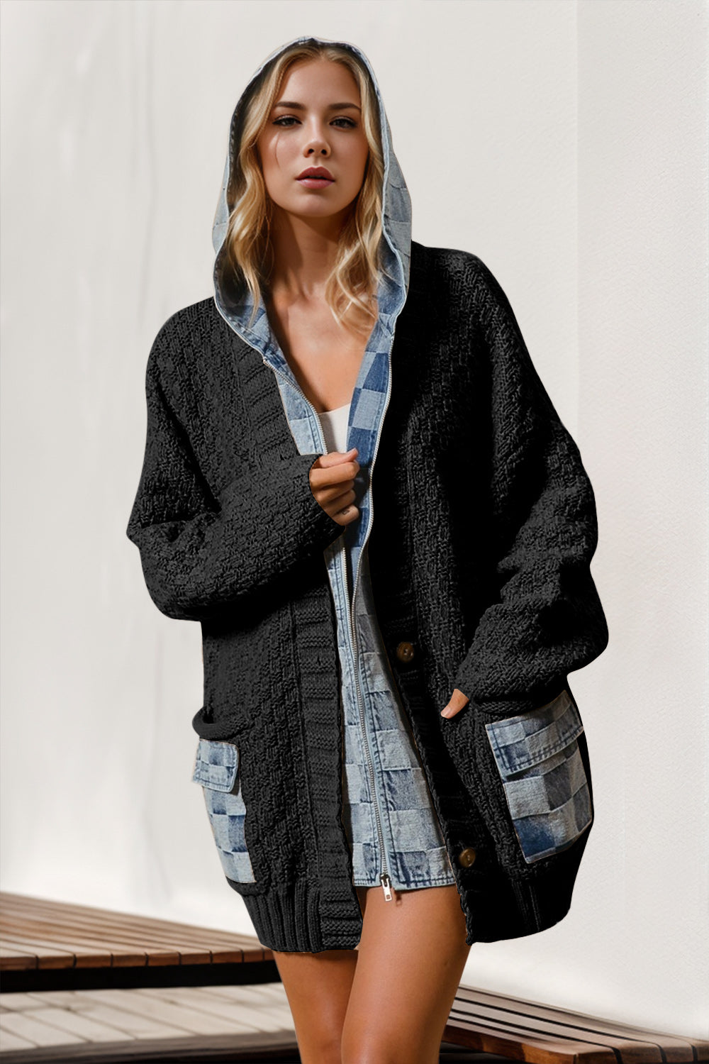 DOUBLE TAKE HOODED DENIM SPLICED SWEATERS CARDIGAN