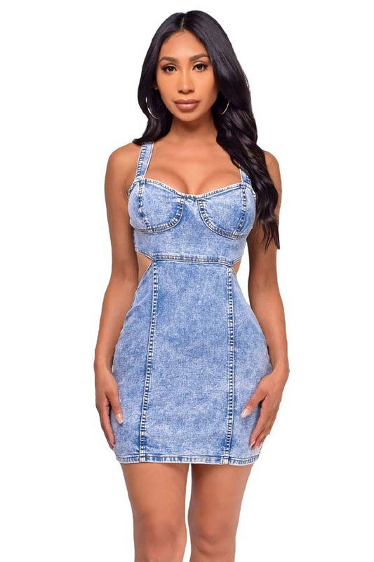 CUT OUT DENIM MINI DRESS