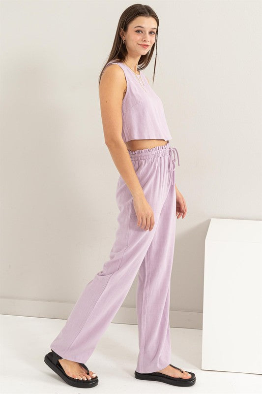 LINEN BLENDED CROP TOP AND PANTS SET