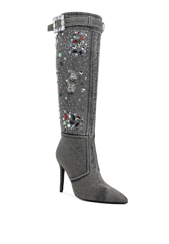 CORNIK MULTI COLOR STONES DENIM BOOTS