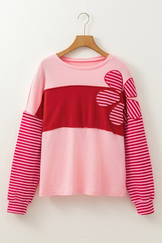 PATCH COLOR BLOCK STRIPED SLEEVE TEXTURED TOP