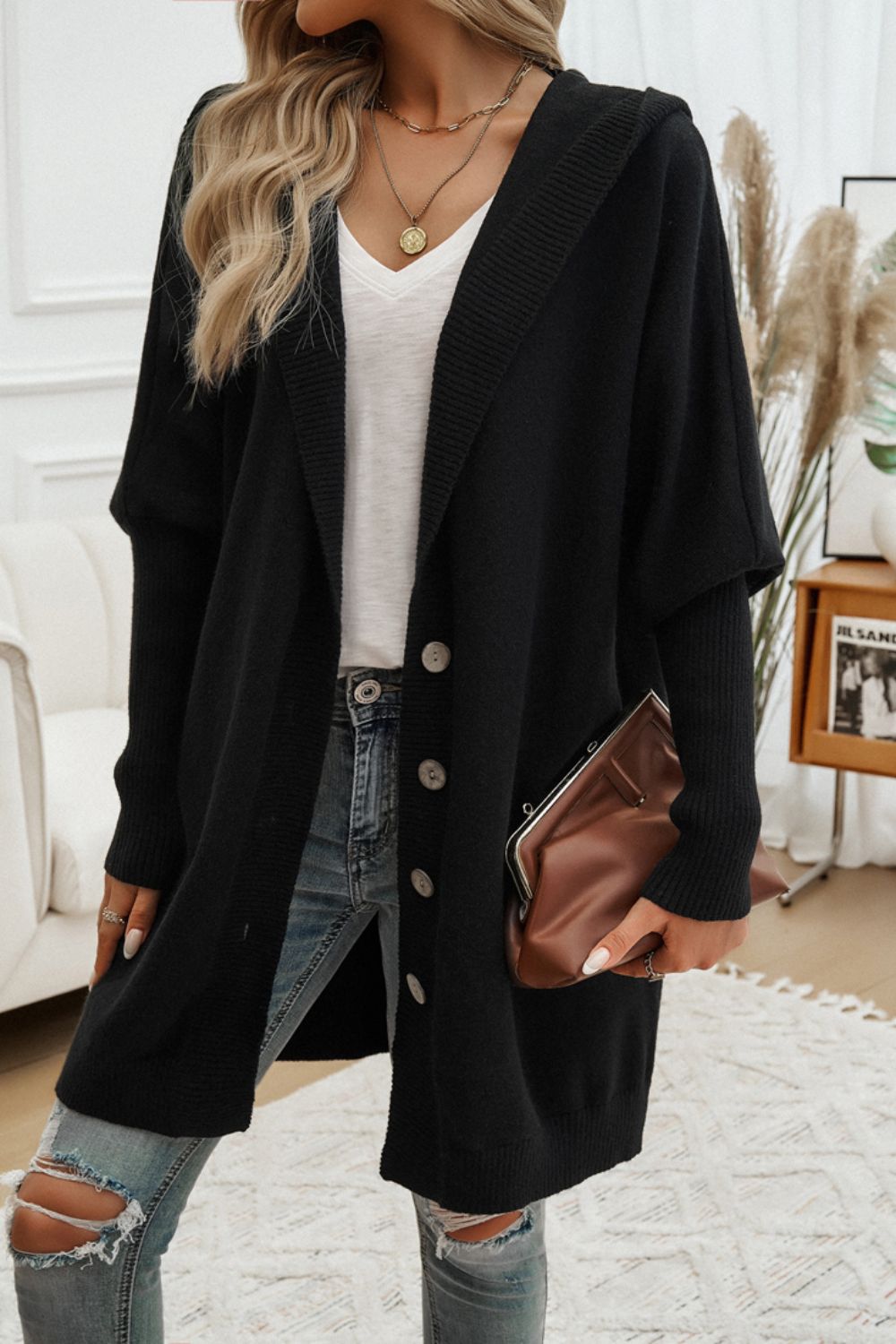 DEVINE BUTTON UP LONG SLEEVE HOODED CARDIGAN