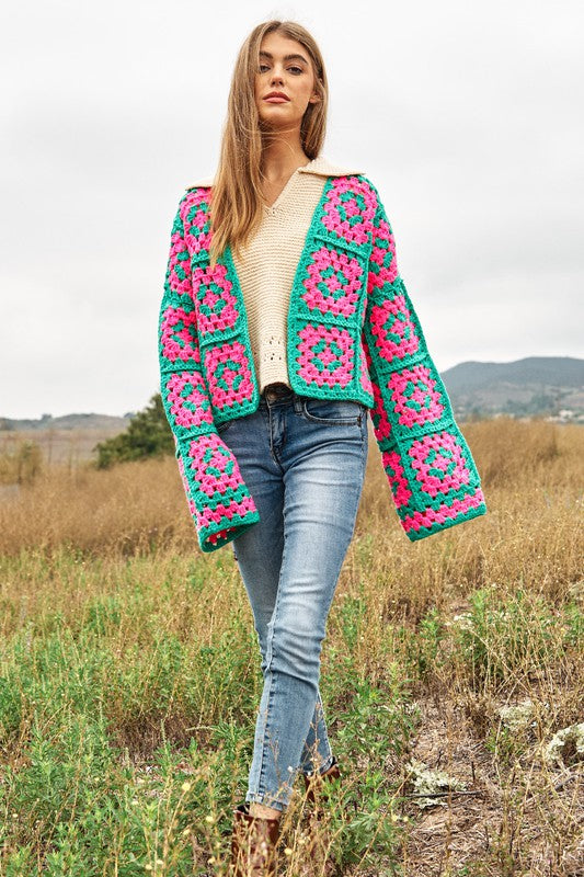 TWO-TONE FLORAL SQUARE CROCHET OPEN KNIT CARDIGAN