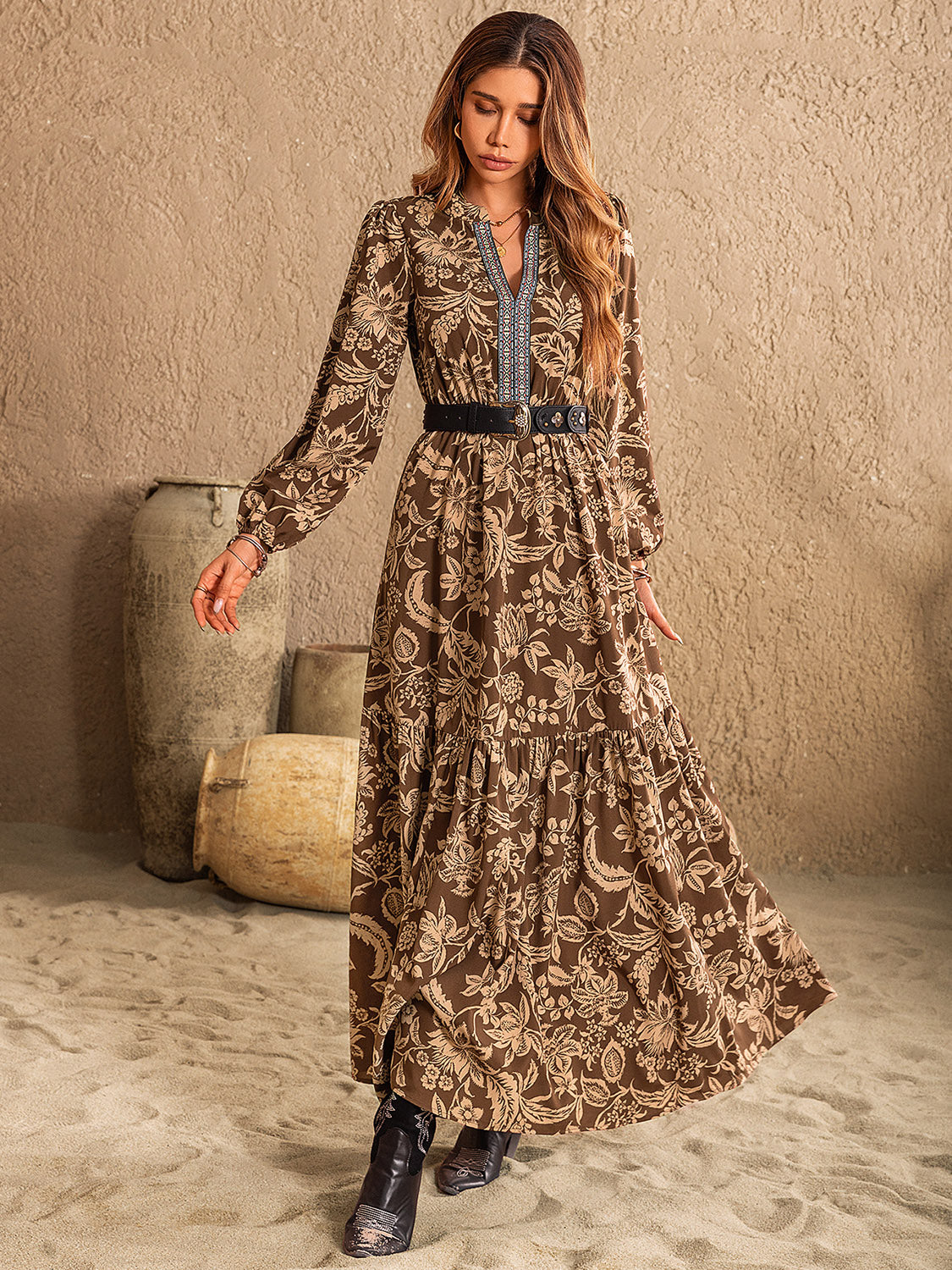 RUCHED PRINTED NOTCHED LONG SLEEVE MAXI DRESS