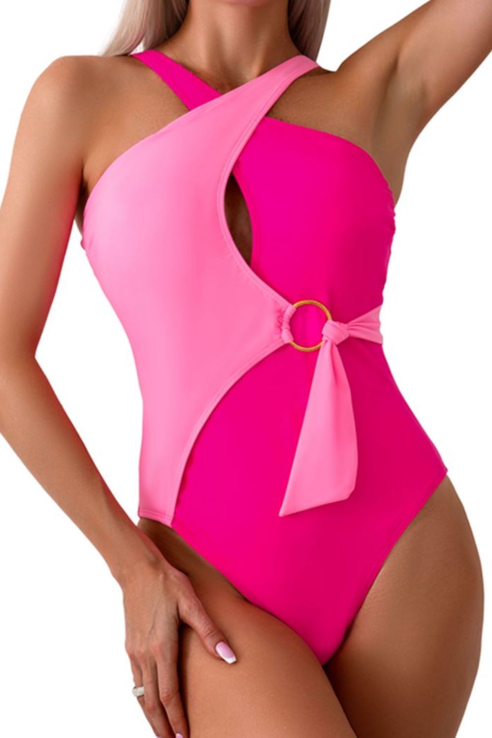 CUTOUT CONTRAST HALTER NECK ONE-PIECE SWIMSUIT