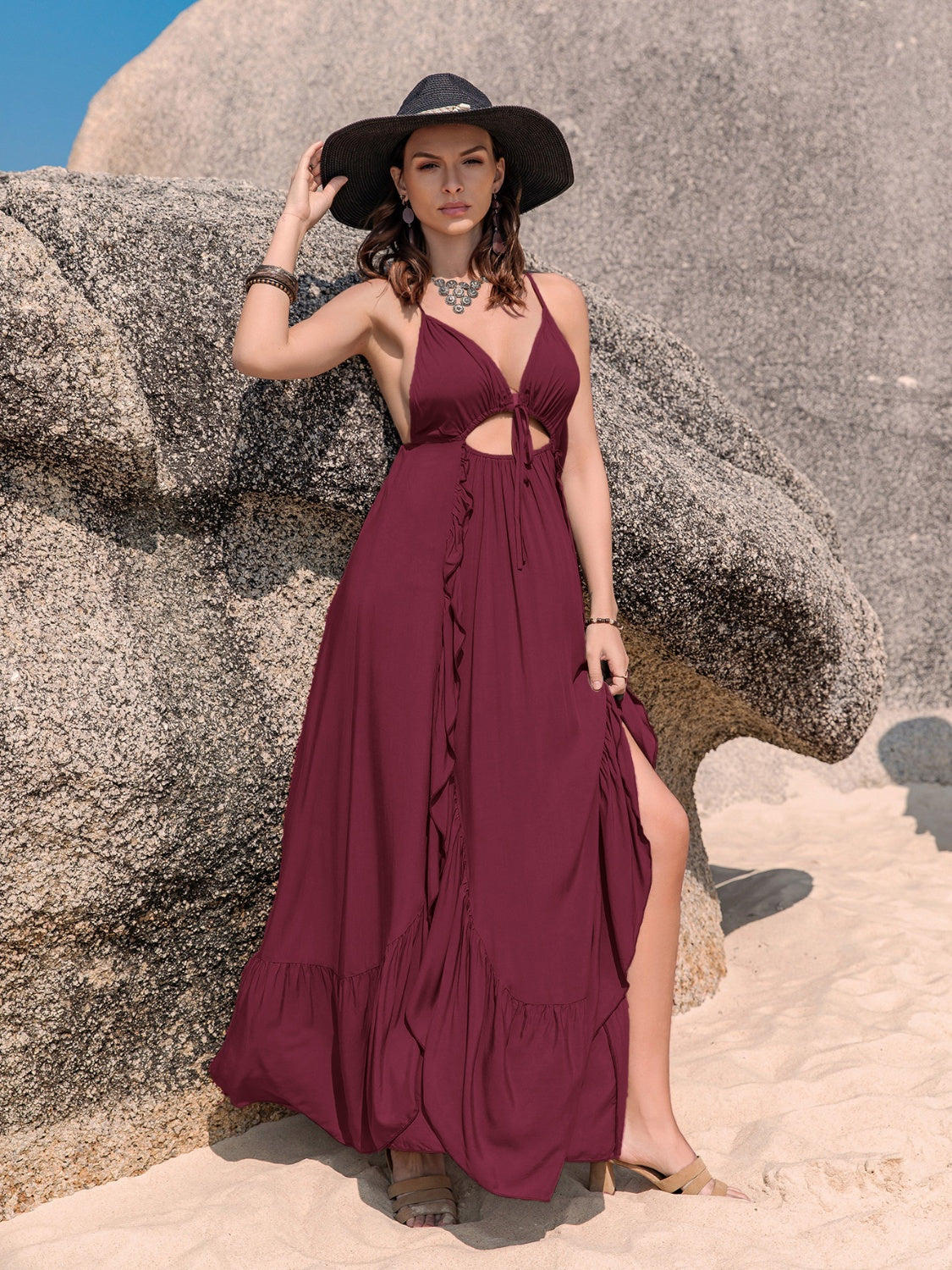 CRISS-CROSS BACK DRAWSTRING RUFFLE TRIM MAXI DRESS