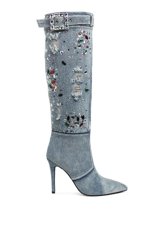 CORNIK MULTI COLOR STONES DENIM BOOTS