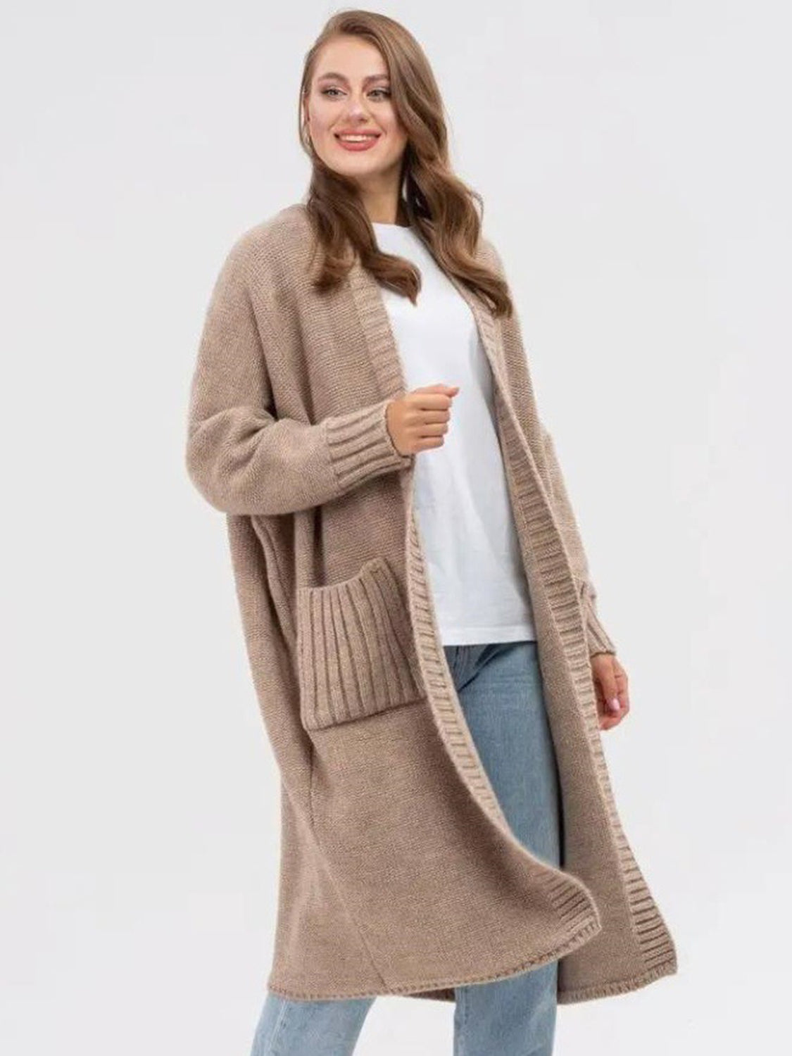 POCKETED OPEN FRONT LONG SLEEVE LONGLINE CARDIGAN