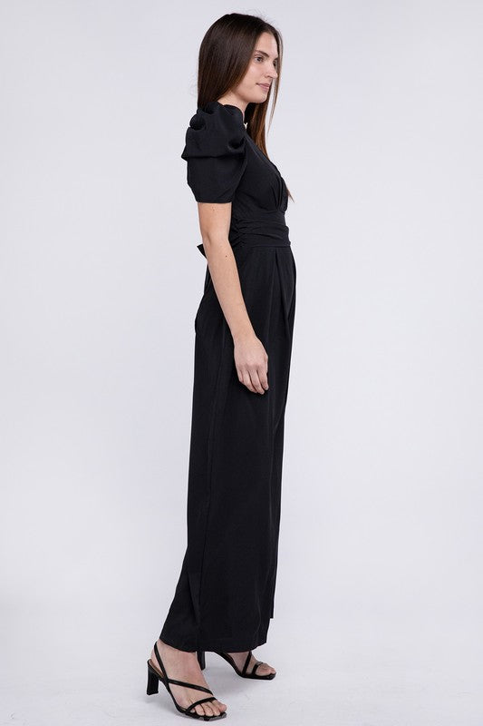 V NECK PUFF SLEEVE JUMPSUIT