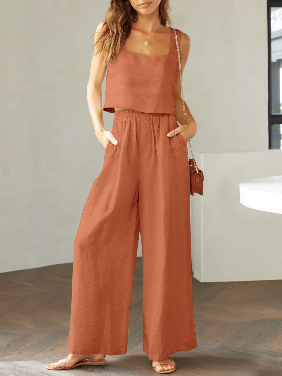 SQUARE NECK TOP AND WIDE LEG PANTS SET