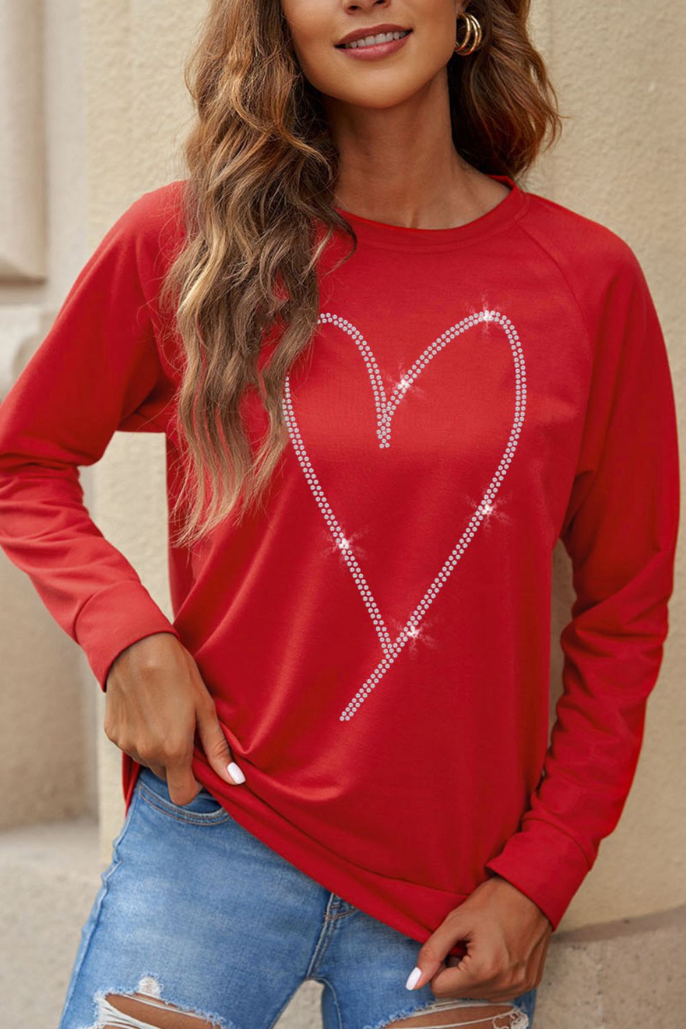 RHINESTONE HEART LONG SLEEVE SWEATSHIRT