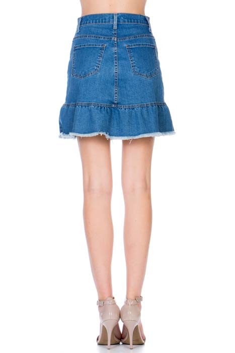 HIGH WAISTED A-LINE RUFFLE HEM DENIM SKIRT