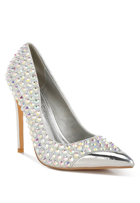 SUPER FAN DIAMANTE EMBELLISHED STILETTO PUMPS