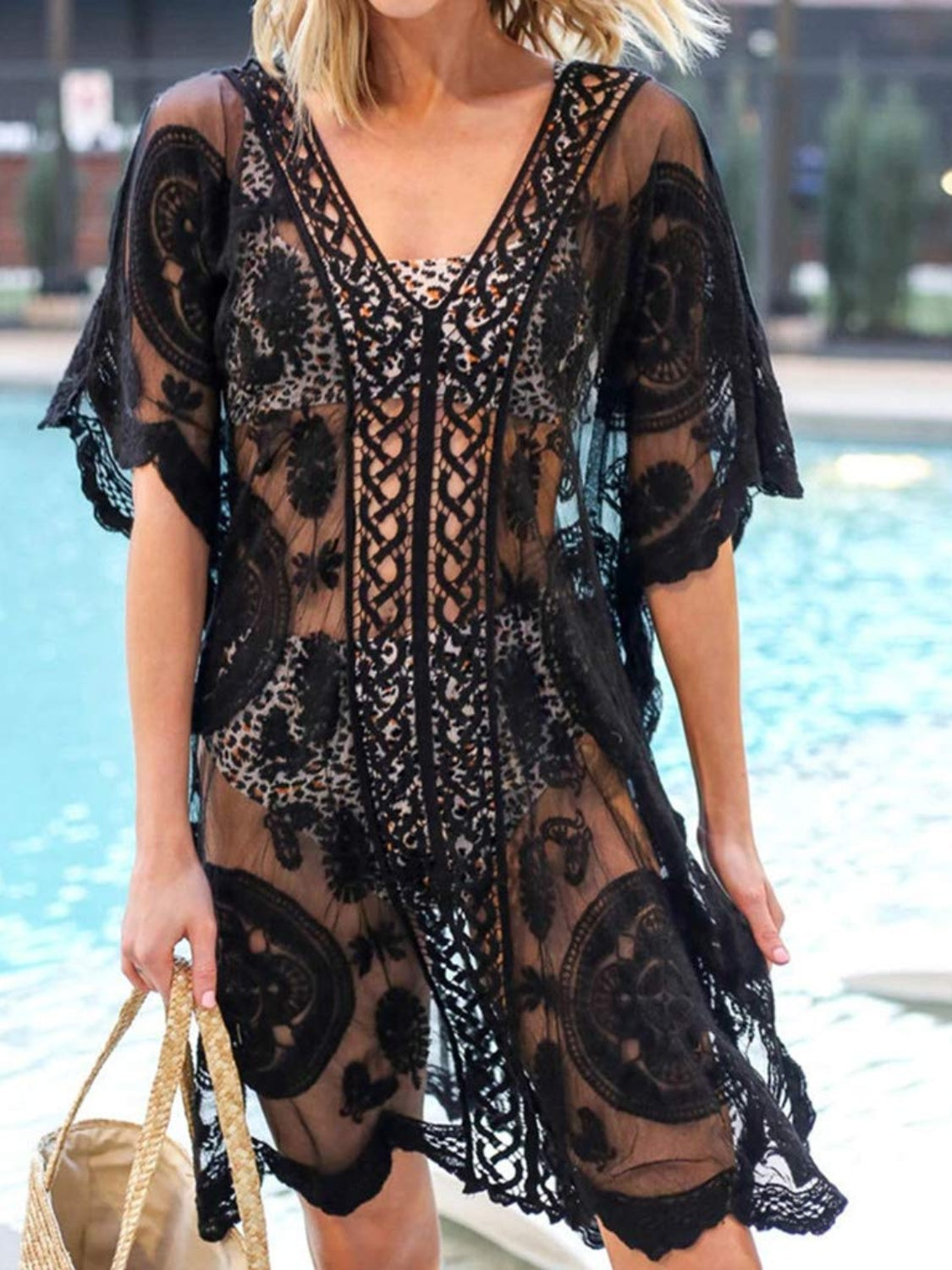 LACE V-NECK 3/4 SLEEVE COVER-UP