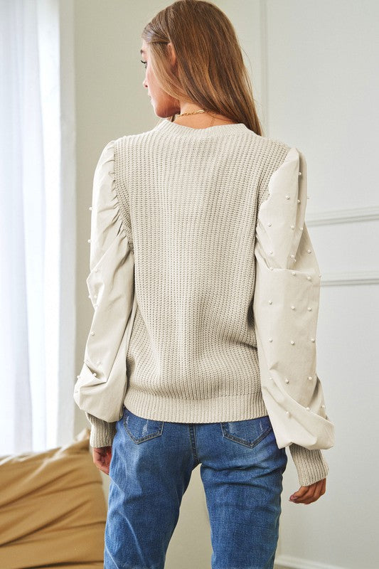 PEARL EMBELLISHMENTS CONTRAST SLEEVES SWEATER