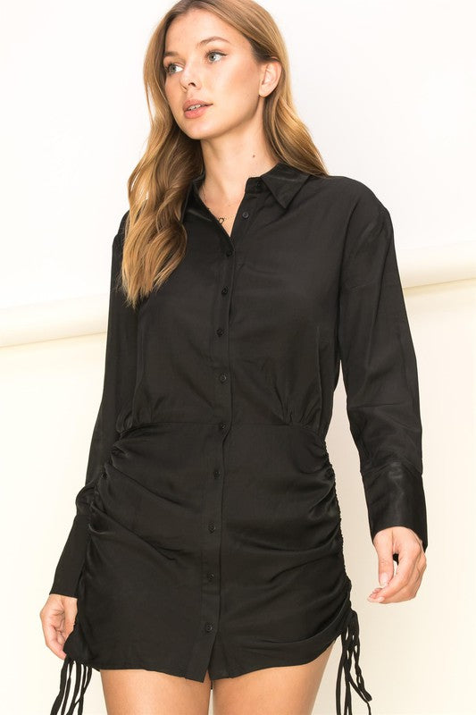 HIGH CLASS RUCHED BUTTON FRONT SHIRT DRESS