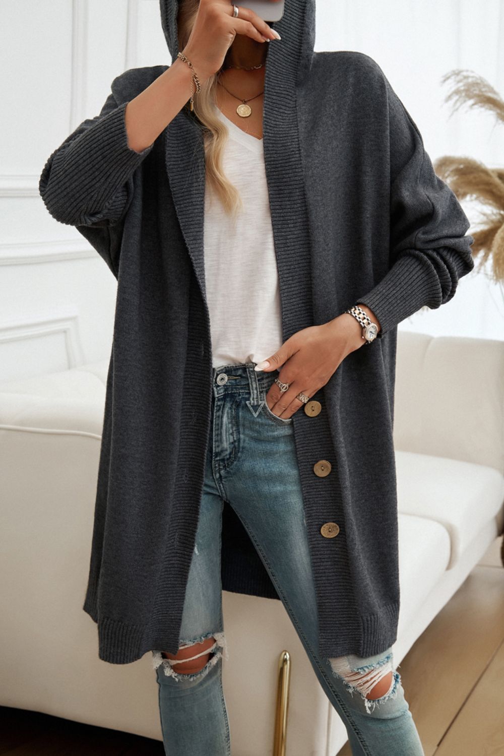 DEVINE BUTTON UP LONG SLEEVE HOODED CARDIGAN