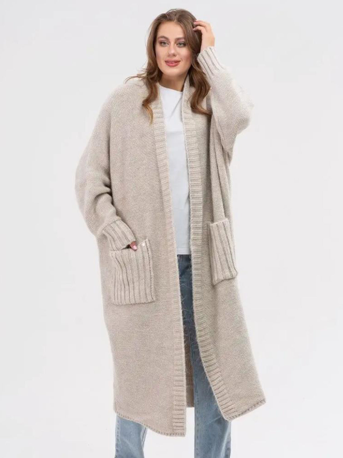 POCKETED OPEN FRONT LONG SLEEVE LONGLINE CARDIGAN