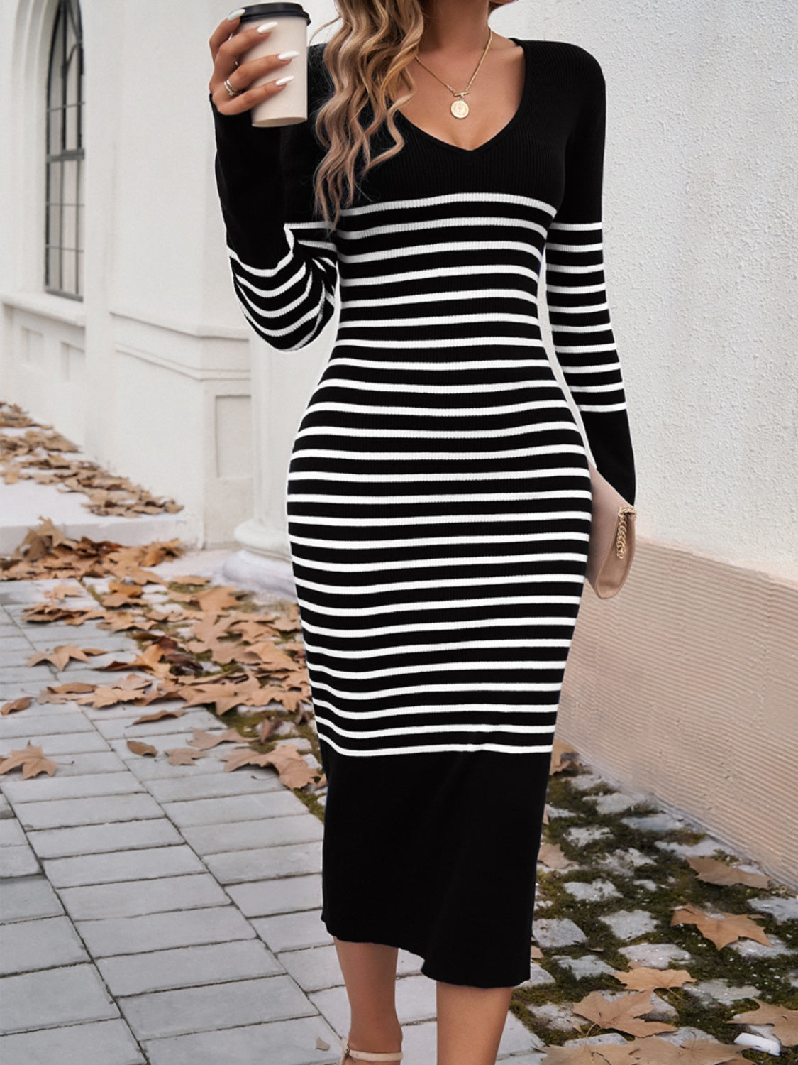 DEVINE STRIPED V-NECK LONG SLEEVE SWEATER DRESS