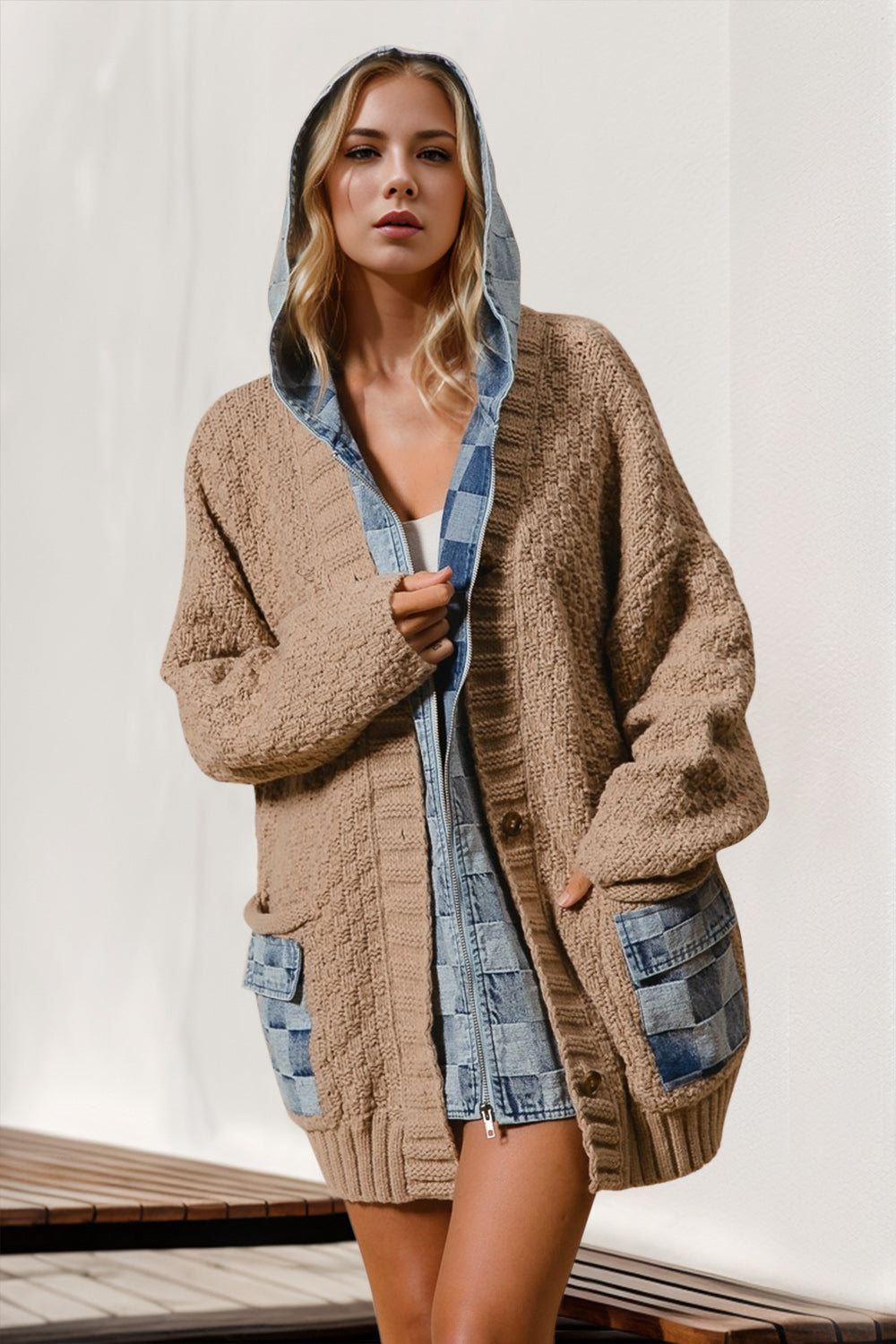 DOUBLE TAKE HOODED DENIM SPLICED SWEATERS CARDIGAN