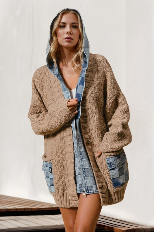 DOUBLE TAKE HOODED DENIM SPLICED SWEATERS CARDIGAN