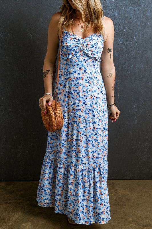 RUCHED RUFFLE HEM PRINTED CAMI DRESS