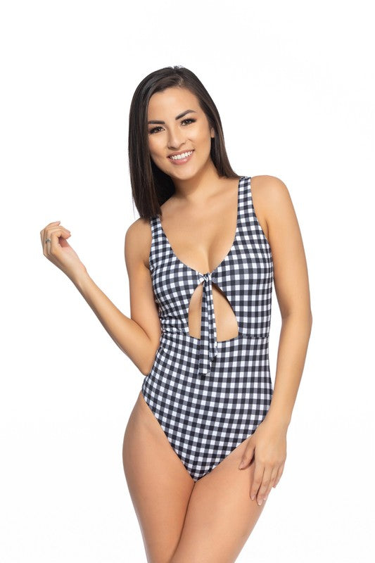 GINGHAM CUTOUT TIE ONE PIECE SWIM