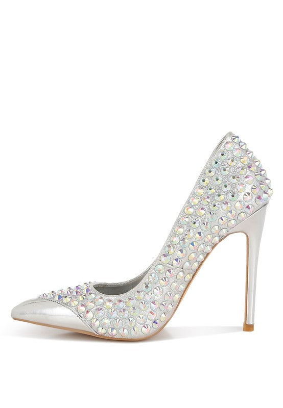 SUPER FAN DIAMANTE EMBELLISHED STILETTO PUMPS