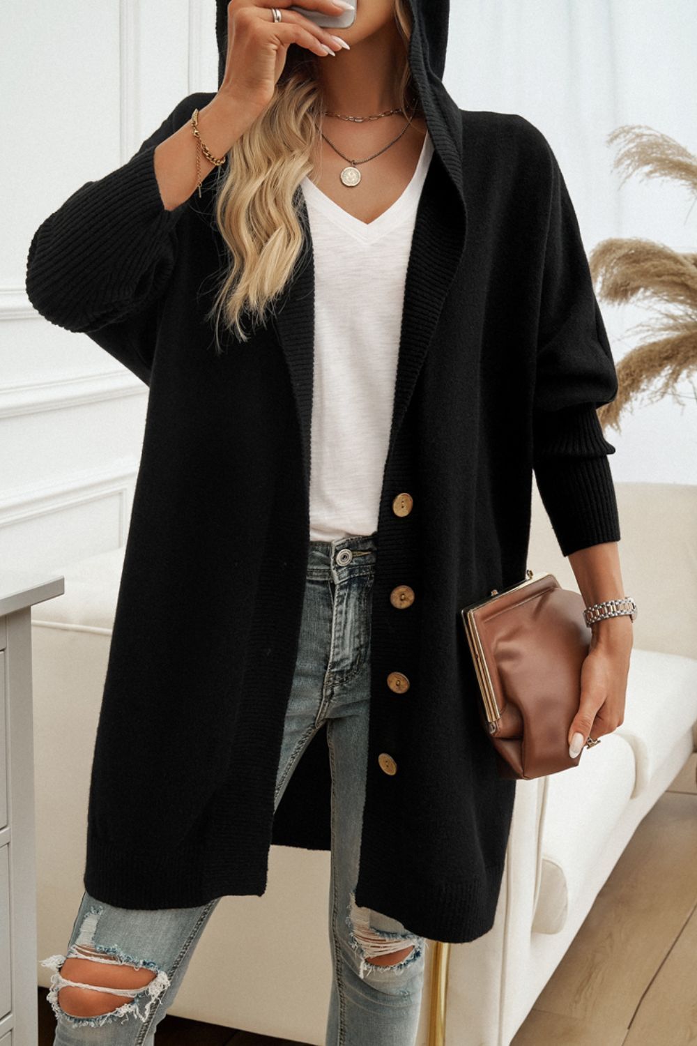 DEVINE BUTTON UP LONG SLEEVE HOODED CARDIGAN