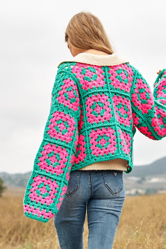 TWO-TONE FLORAL SQUARE CROCHET OPEN KNIT CARDIGAN