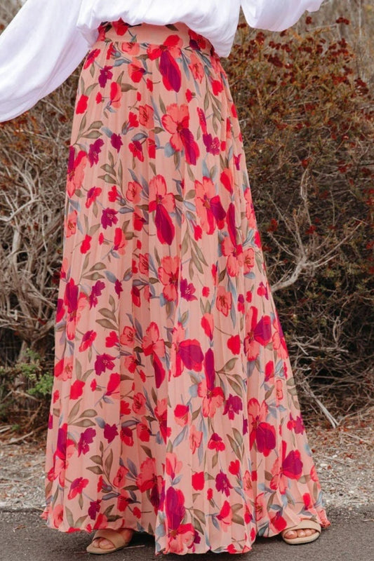 PRINTED ELASTIC WAISTBAND PLEATED MAXI SKIRT