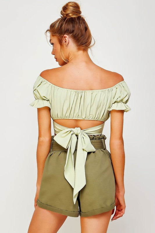 OFF SHOULDER PLEATED CROP TOP WITH BACK RIBBON TIE