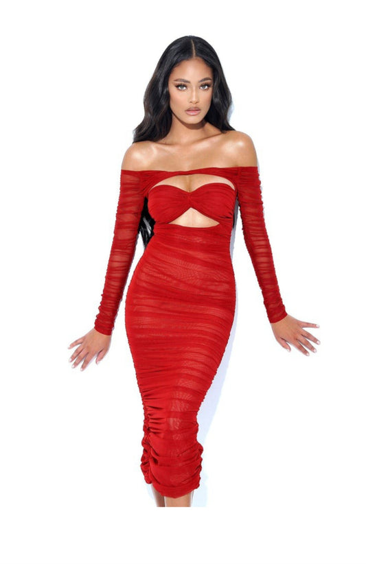 MISS CIRCLE TIERRA MESH OFF THE SHOULDER MIDI DRESS