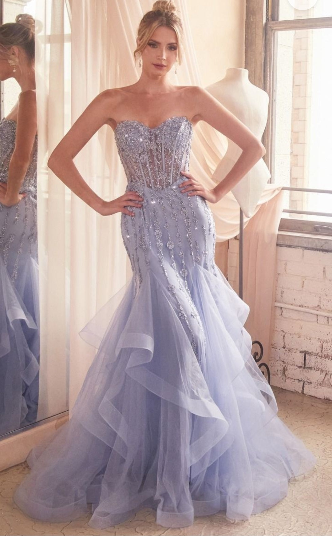 STRAPLESS SEQUIN TIERED MERMAID GOWN