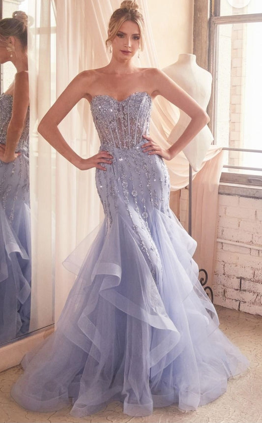 STRAPLESS SEQUIN TIERED MERMAID GOWN