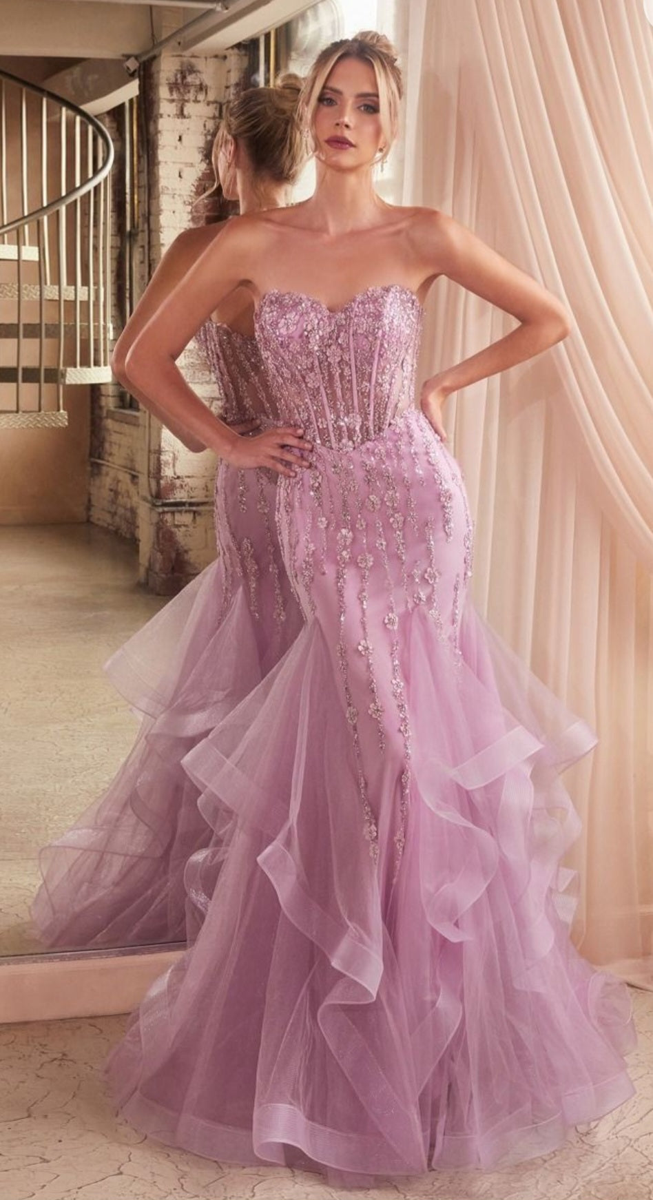 STRAPLESS SEQUIN TIERED MERMAID GOWN